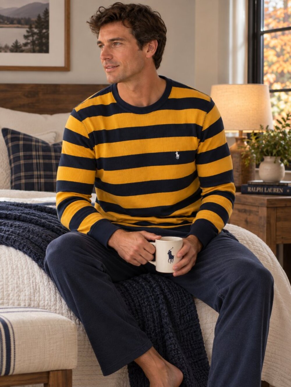 Polo Ralph Lauren Mens M Waffle‎ Knit Thermal Shirt Navy Yellow Sleepwear 1147